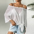 thumbnail image 2 of Abomasnow Women's Sheer Mesh See Through T Shirt 3/4 Length Sleeve Off Shoulder Tops Casual Beach Vocation Shirts, 2 of 8