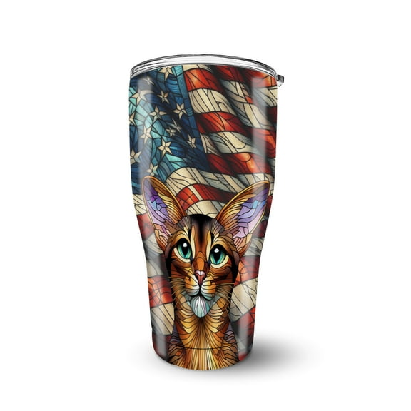 Patriotic Abyssinian Stained Glass Portrait American Flag 30oz Stainless Steel Tumbler Insulated Cup with Lid Cat Lover Kitten Owner Gifts - 01010