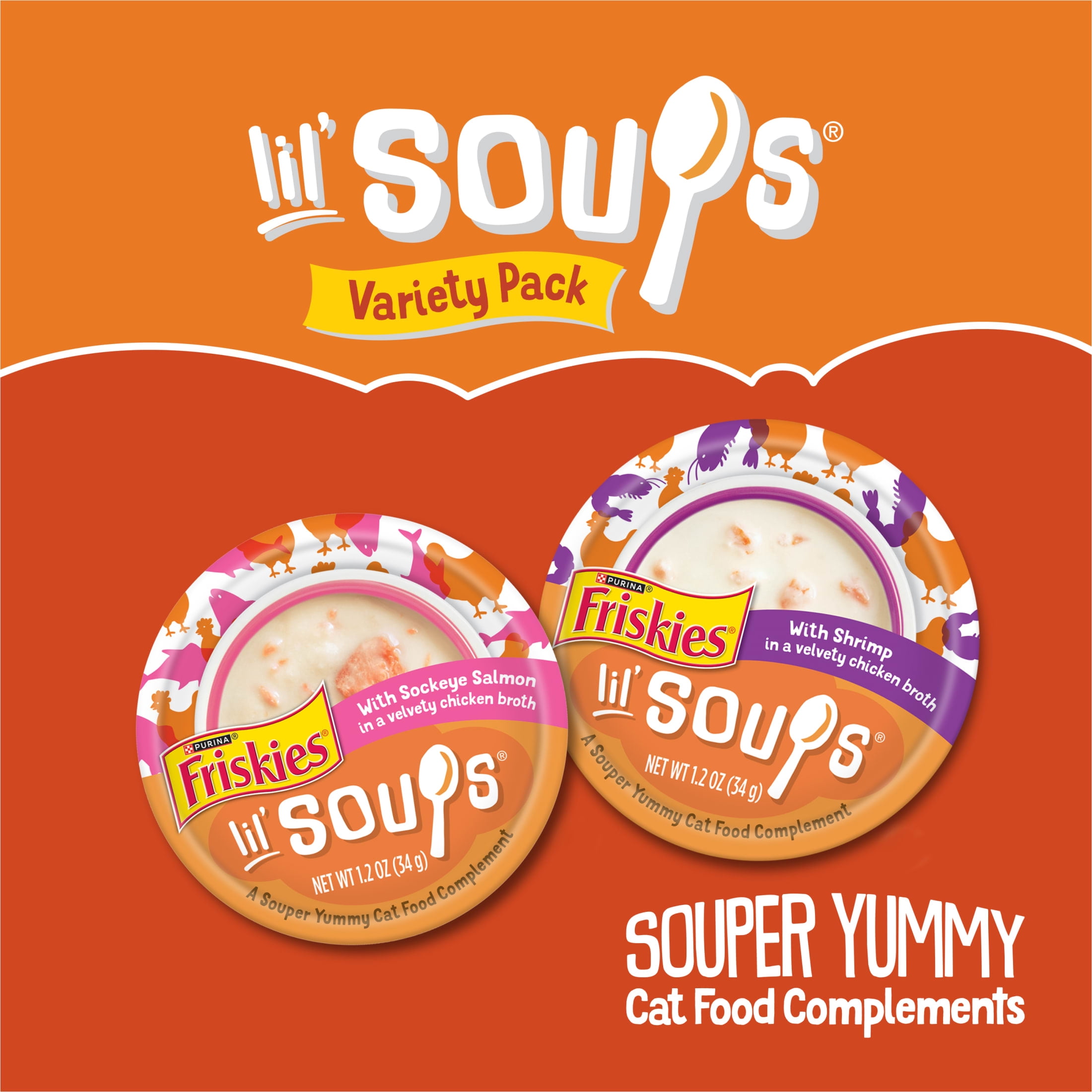 (2 pack) Purina Friskies Lil’ Soups Wet Cat Treats Variety Pack With Sockeye Salmon and With Shrimp, 9.6 oz.
