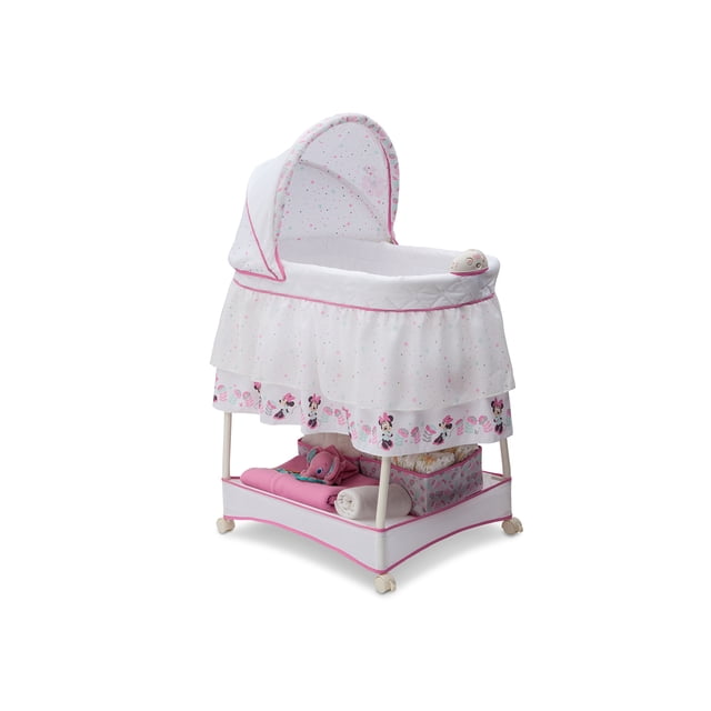 Moisés Delta Children Gliding Bedside - Cuna portátil con luces, sonidos y vibración, Disney Minnie Mouse Boutique
