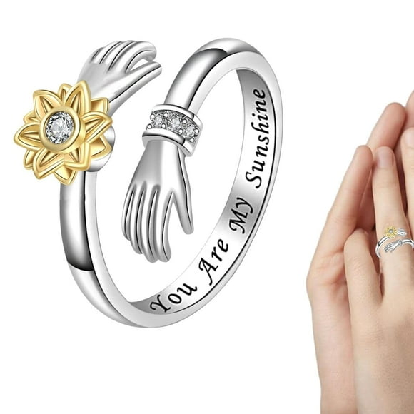 FYBTOF You Are My Sunshine Daisy Flower Open,Sunflower Initial Spinner - Thumb Sterling Silver Flower Fidget with Sunflower and Hand, Jewelry Gift for Women Teens -4678