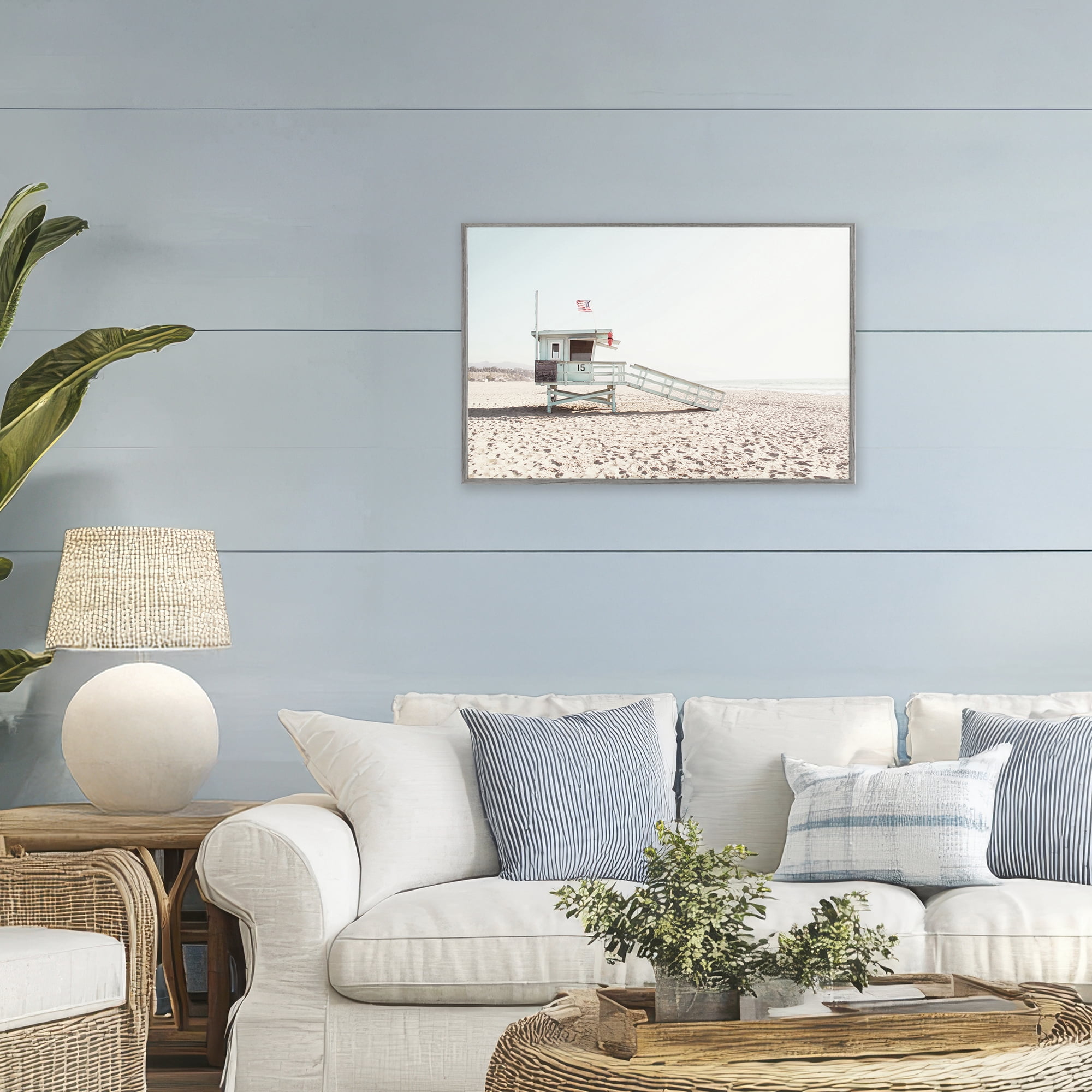 Lifeguard Hut Sunny Day Gray Framed Giclee Art, design by Sisi and Seb