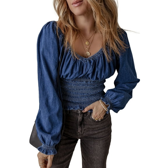 Women's Dark Blue Smocked Ruffled Puff Sleeve Denim V Neck Blouse | [ZhiHiMeRi] | (US 12-14)L