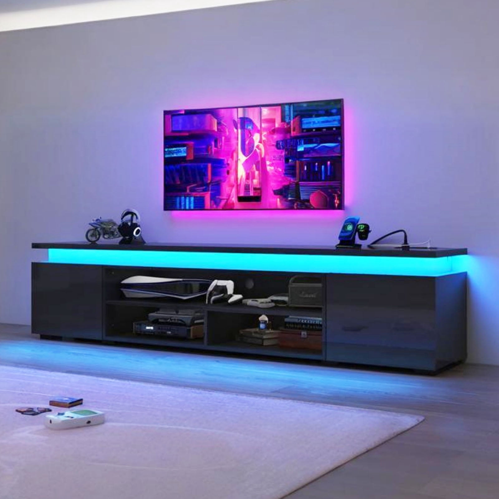 LED TV Stand for up to 85" TVs with Power Outlet, 75" Large Entertainment Center Console Table Gaming Soundbar Shelf with 2 Storage Cabinets