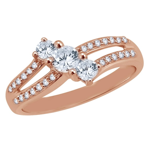 White Natural Diamond Three Stone Slant Ring in 10k Rose Gold