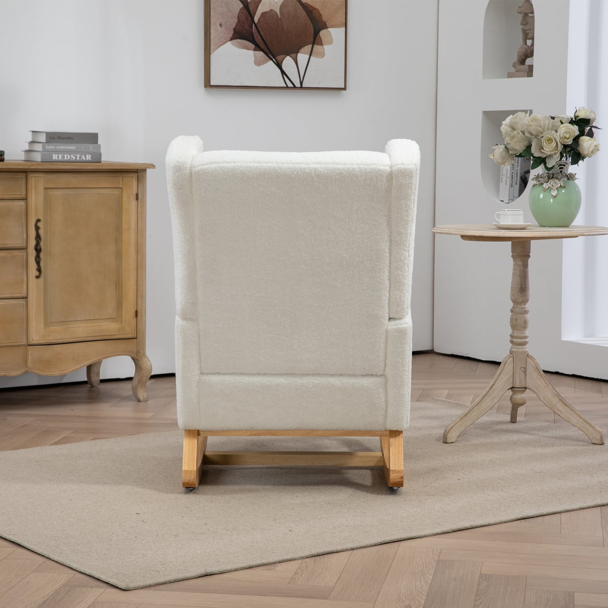 25.4"W Modern Rocking Chair for Nursery, Mid Century Accent Arm Rocker With Retractable Footrest, Side Pocket, Comfy Upholstered Wingback Wooden Glider Chair for Living Room Baby Kids Room. Ivory