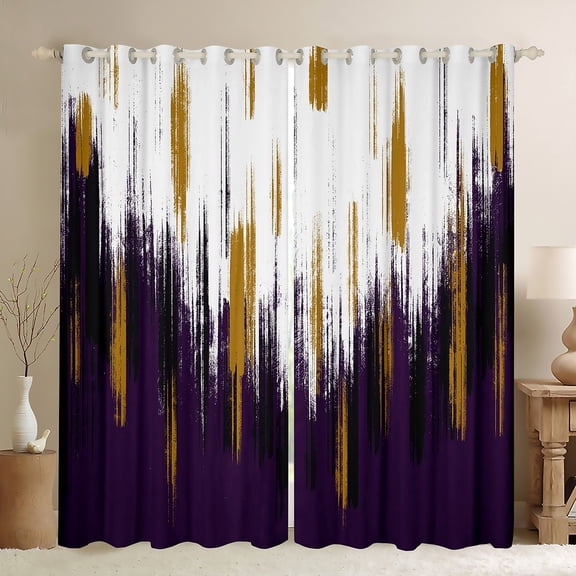 Manfei Abstract Oil Painting Curtains Pack of 2 (42x84 Each), Purple Gold Ombre Curtains Blackout, Watercolor Brush Strokes Bedroom Curtains, Luxurious Room Decor