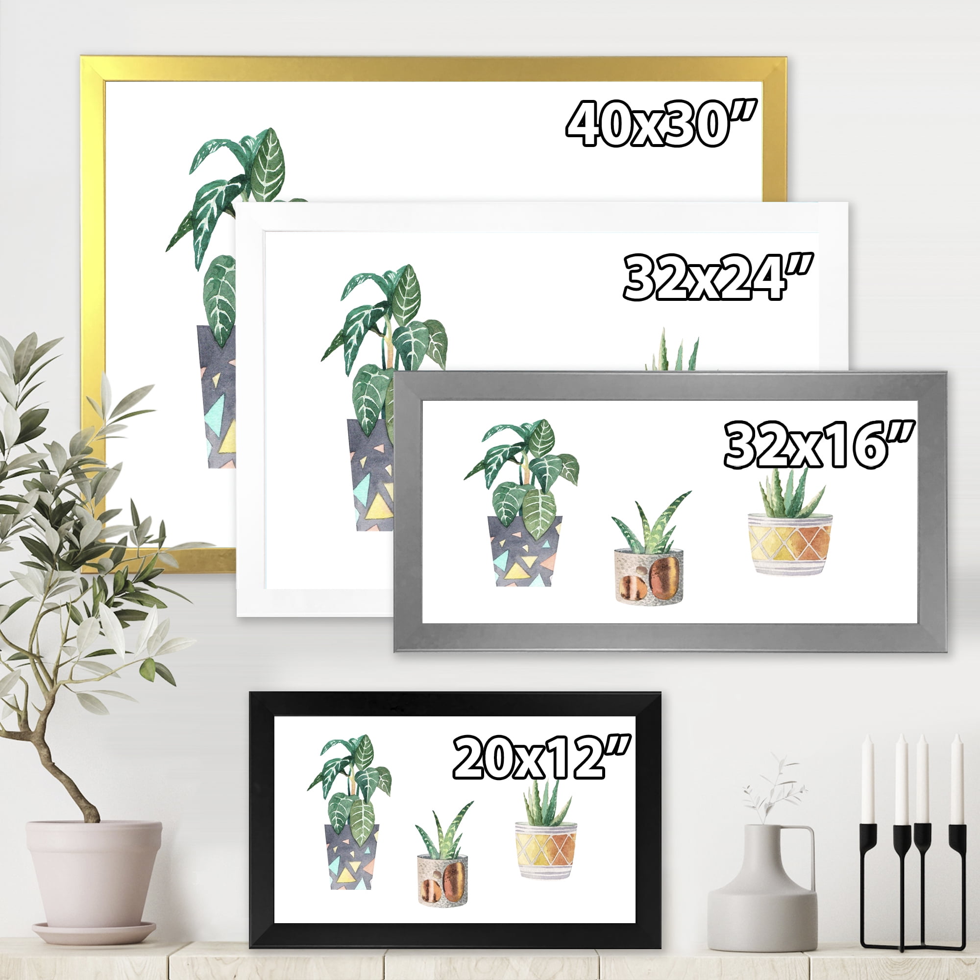Designart 'Three Potted Houseplants On White' Traditional Framed Art Print