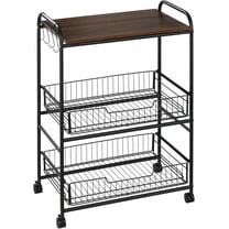 REKHH 3 Tier Rolling Kitchen Cart with Storage, Kitchen Island Cart on Wheels with 2 Sliding Fruit Basket, Microwave Cart with Side Hooks for Dining Room, Walnut