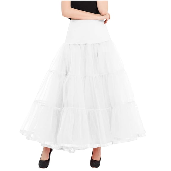 qelini Womens Tulle Skirt High Waist Baggy Long Skirt Elastic Waist Straight Full Skirt Solid Color Summer Skirt