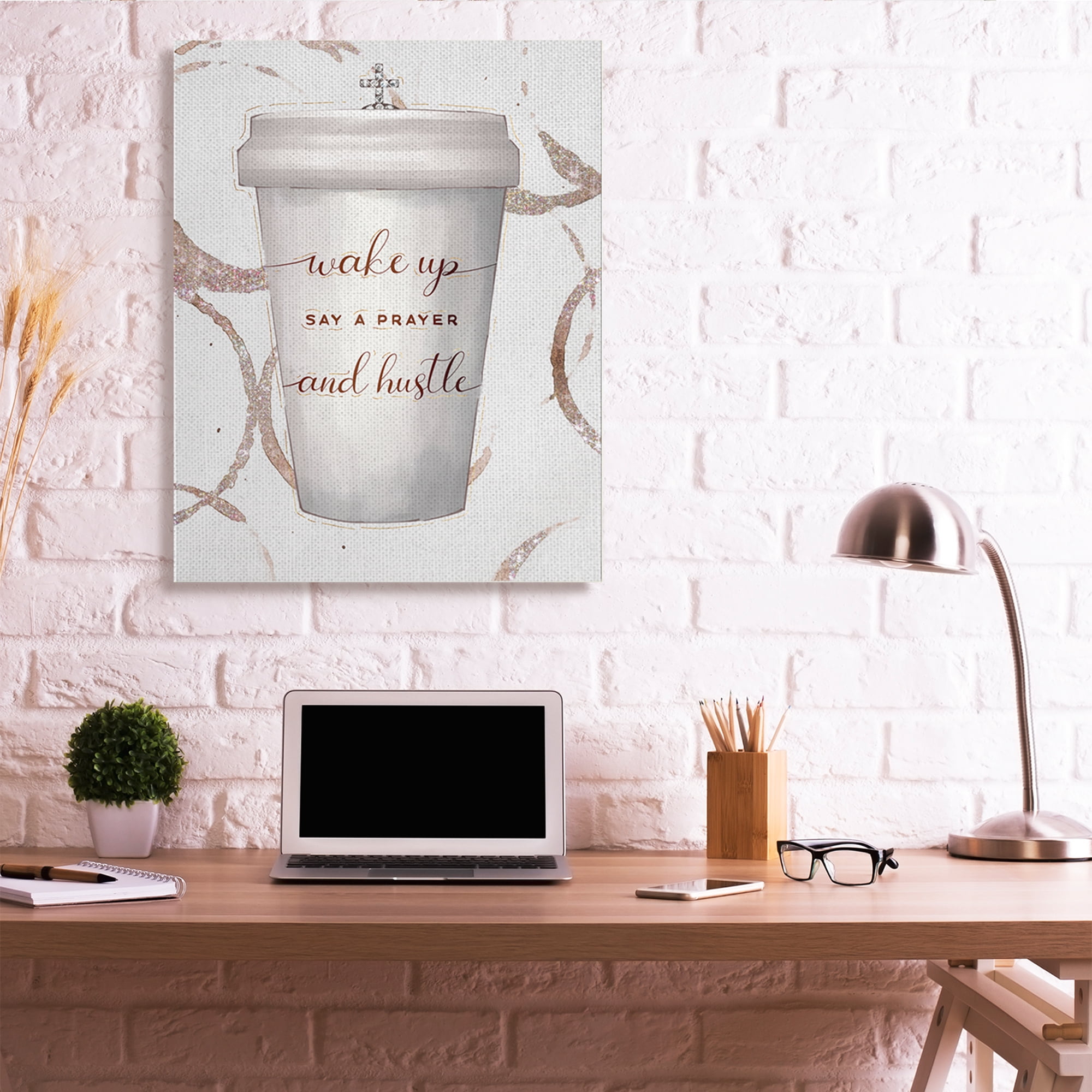 Stupell Industries Wake Up Pray Hustle Phrase Coffee Cup Glam Religious Painting Gallery Wrapped Canvas Art Print Wall Art, 36 x 48