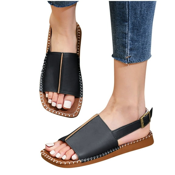 THDHVS Beach Sandals for Woman,Womens Sandals,Women's Fashion and Casual Summer Solid Color Open Toe Beach Slippers Black 6