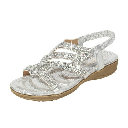 Women Slip on Wedges Summer Sandals for Women Dressy Sandals Casual Bling Rhinestone T Bar Sandals for Women Strap Sandals Open Toe Slides and Sandals Women Slide Sandals Beach Shoes