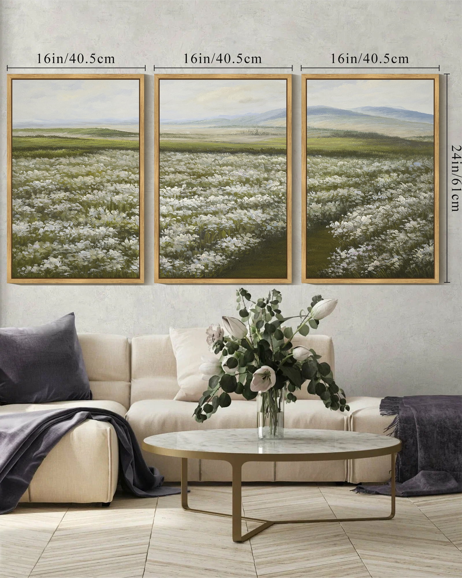 Drsoum Vintage Wall Art 16x24in3pcs Natural Framed Rustic Meadow Sea of Wildflower Field Landscape Painting Retro Floral Scenery Farmhouse Kitchen Decor