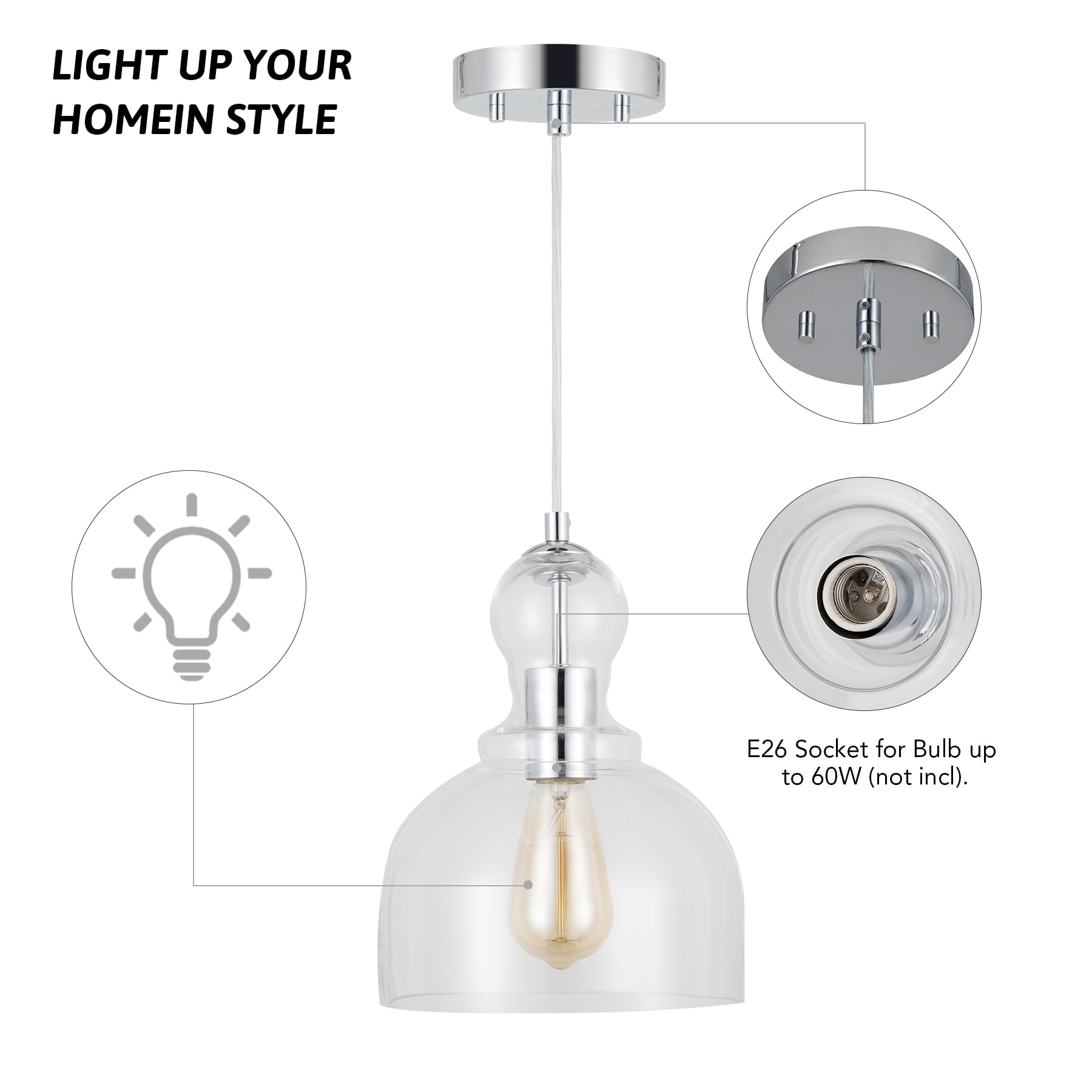 59" Pendant Light with Glass Shade & Chrome Finish for Various Home Decors