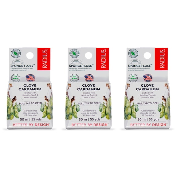 RADIUS Clove Cardamom Dental Floss 55 Yards Vegan & Non-Toxic Oral Care Boost & Designed to Help Fight Plaque Clear - Pack of 3