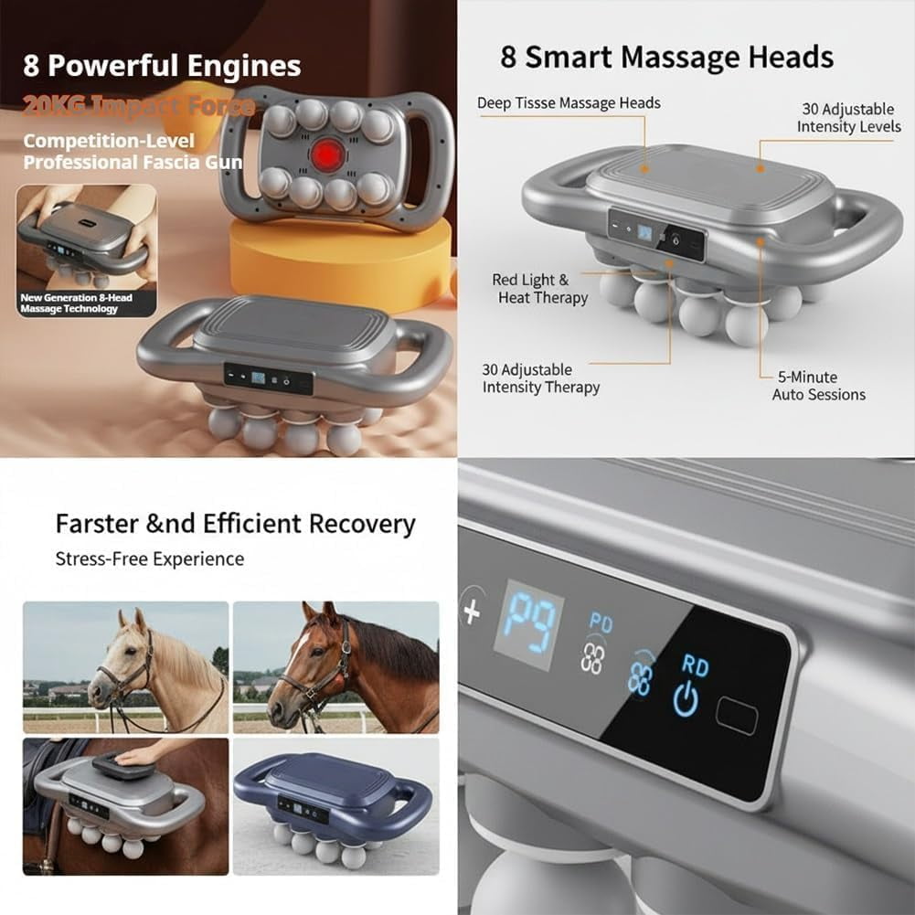 Equirelief 8 Heads Horse Massage Gun, 2025 Upgraded Equine Percussion Massager with 30 Intensity Levels and 3 Modes, Ultra-Quiet Deep-Kneading Massager for Equine Wellness(8 Heads)