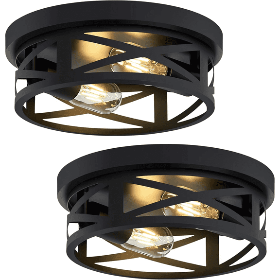 2-Pack Black 2-Light 10-inch Matte Black Round 3-Light Cage Sconce, Edison Bulb Compatible, Close to Ceiling Light for Kitchen