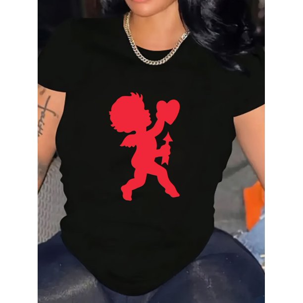 Valentine's Day Love Cupid Graphic Tee for Women - Plus Size, Soft Cotton, Breathable & Lightweight, Crew Neck, Short Sleeve - Casual Fashion Tee Tee For Adult, Men, Women, Teen, Teenager, Adolescent