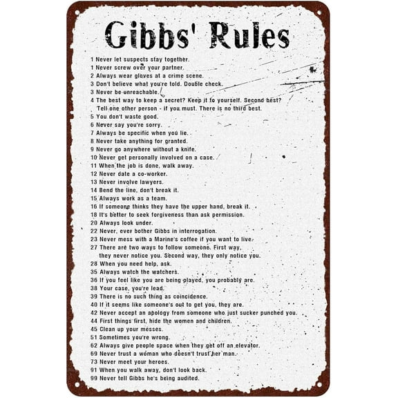 Retro Decor Tin Signs,“Gibbs' Rules Metal Sign”,for garage,bar,restaurant,living room,bedroom,kitchen,cafe,bar,8×12inch