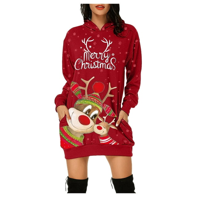 Chandail à Capuchon de Noël pour Femmes Veste Mode Imprimé des Fêtes Chandail à Enfiler Mi-Long Fermeture Manteau Manches Longues Chandail de Noël Chaud Col Rond Cardigan