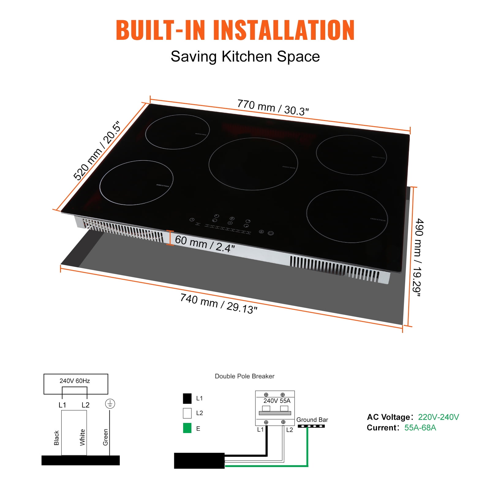 KFFKFF Induction Cooktop, 5 Heating Elements, 30'' Electric Stove, Integrated Magnetic Cooktop 9200W, 9 Heat Settings, LED Touch Display with Child Safety Lock & Overheat Protection