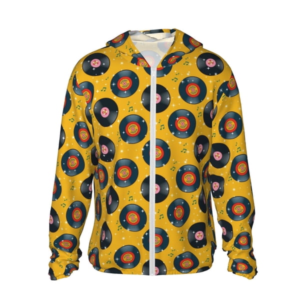 Balery Retro Vinyl Records Sudadera ligera de manga larga con capucha y protección solar UPF 50+ para hombre y mujer, ideal para pesca y running-XX-Large