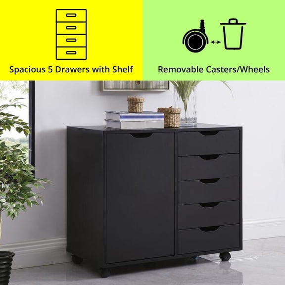 Naomi Home Mobile 5-Drawer Storage Cabinet with Wheels and Shelves, Space-Saving Organizer, Black, 1 Unit