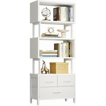Casaottima 7 Tier Bookshelf, Tall Geometric Bookcase with Fabric Drawers, Modern Display Book Shelves Book Case for Living Room Bedroom, Wood Decorative Standing Shelving Unit for Home Office, White