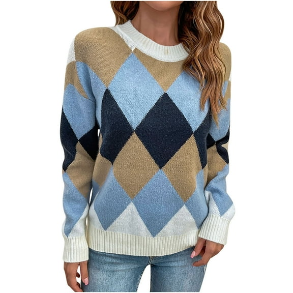 IROINNID Reduced Womens Sweater Round Neckline Pullover Sweater Plaid Leisure Mid-Length Long Sleeve Spring Autumn Knitwear Sweater