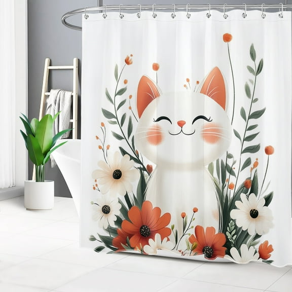 HVEST Cute Cat Floral Shower Curtain with Cute Cat and Wildflower Botanical Design - Rustic Garden Bathroom Decor, Waterproof Polyester Fabric, Includes 12 Hooks, 72x78 Inches