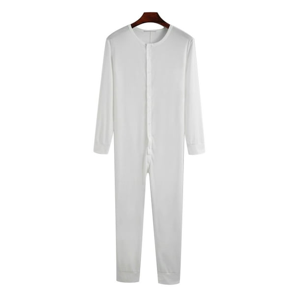 MAWCLOS Mens Bodysuit Underwear Union Suit Solid Color One Piece Pajama  Plain Sport Long Sleeve Onesie Pajamas White 3XL 