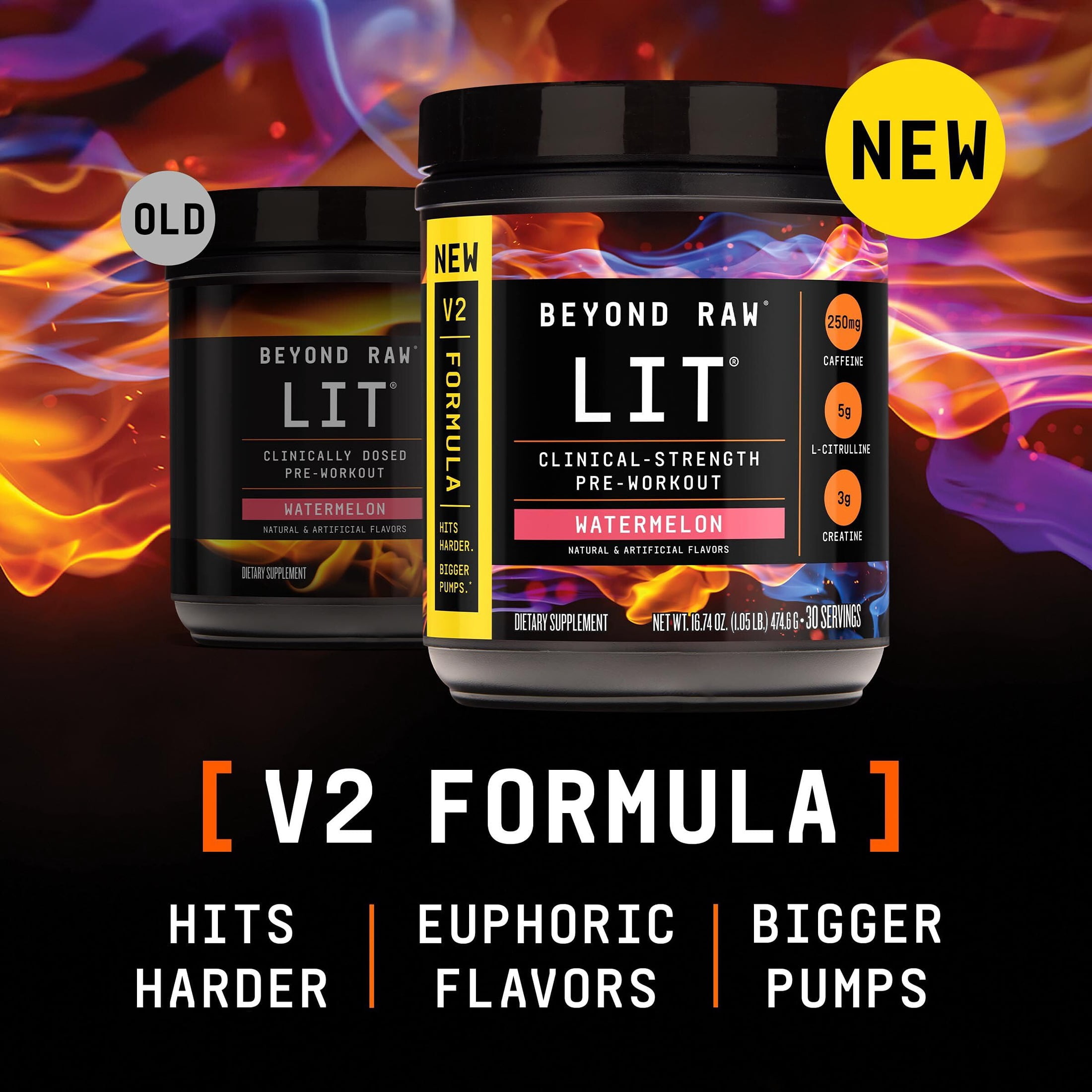 BEYOND RAW LIT V2 Clinical Strength Pre Workout Powder, Hits Harder, Bigger Pumps, Caffeine, L-Citrulline, Creatine, Watermelon, 30 Servings