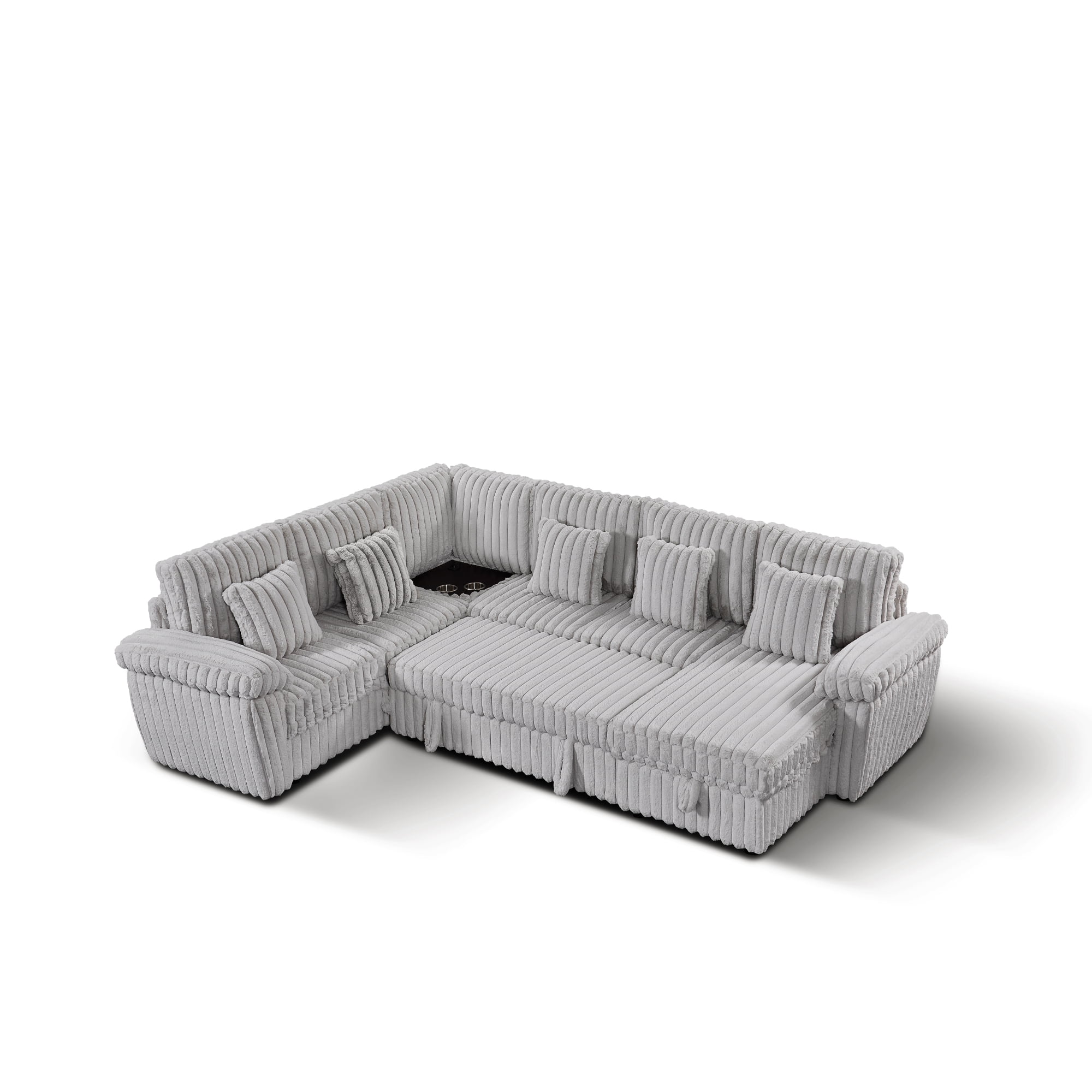 103" U-Shaped Corduroy Sectional Sofa with Pull-Out Sleeper Bed and Storage Chaise, Soft Plush Modular Sofa Couch with Corner Table with Cup Holders and USB Port for Living Room