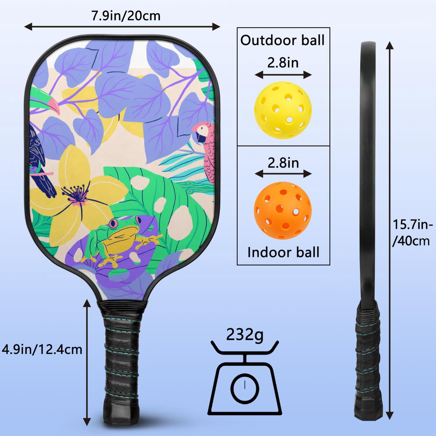 Pickleball Paddles Set Of 1, Fiberglass Surface, Tropical Leaf Print, 1 Paddle, 2 Balls & Bag