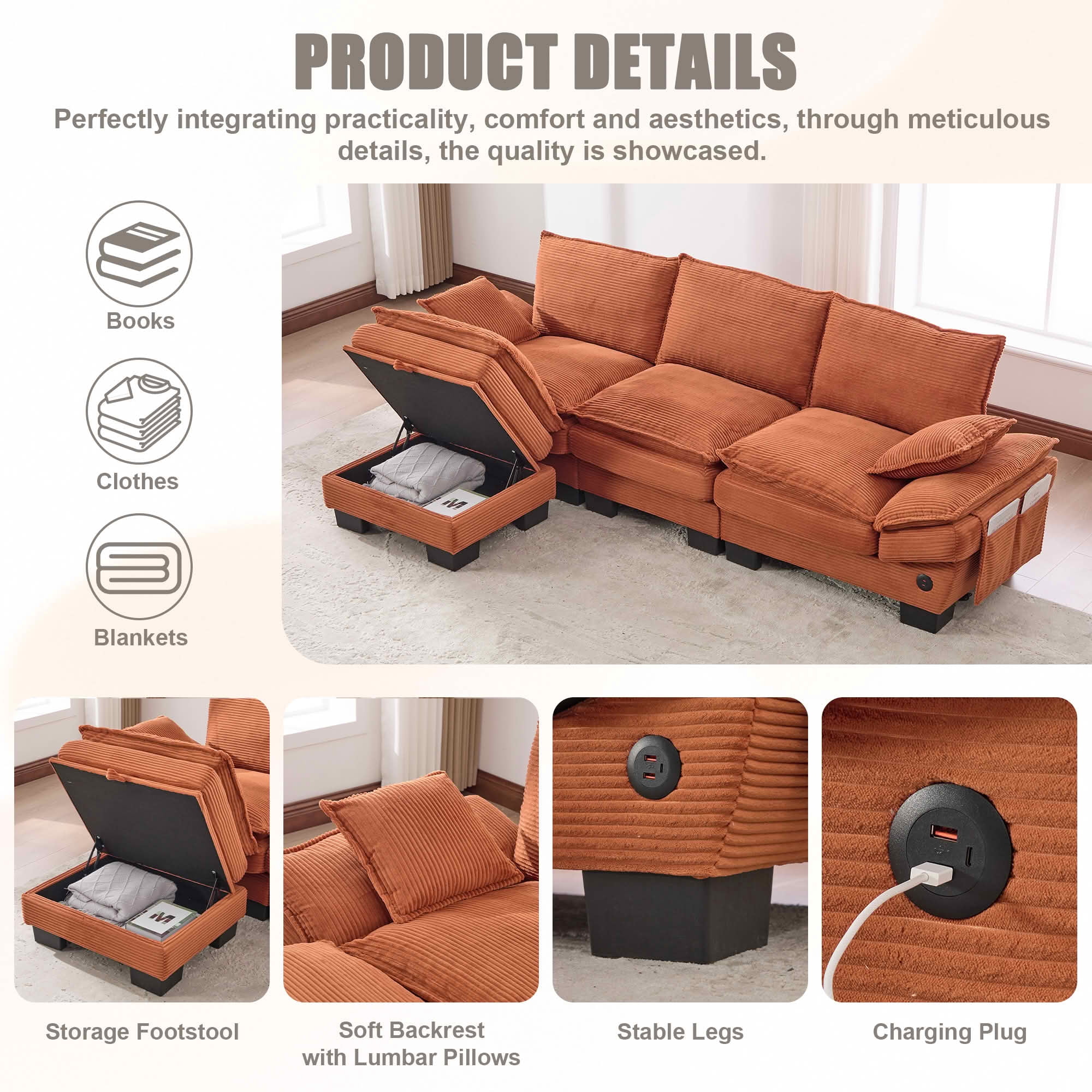 MAYEERTY Multi-Config Cloud Corduroy Modular Sofa, Deep Seat Sectional Couch with Storage Footstool & USB Ports for Small Apartment