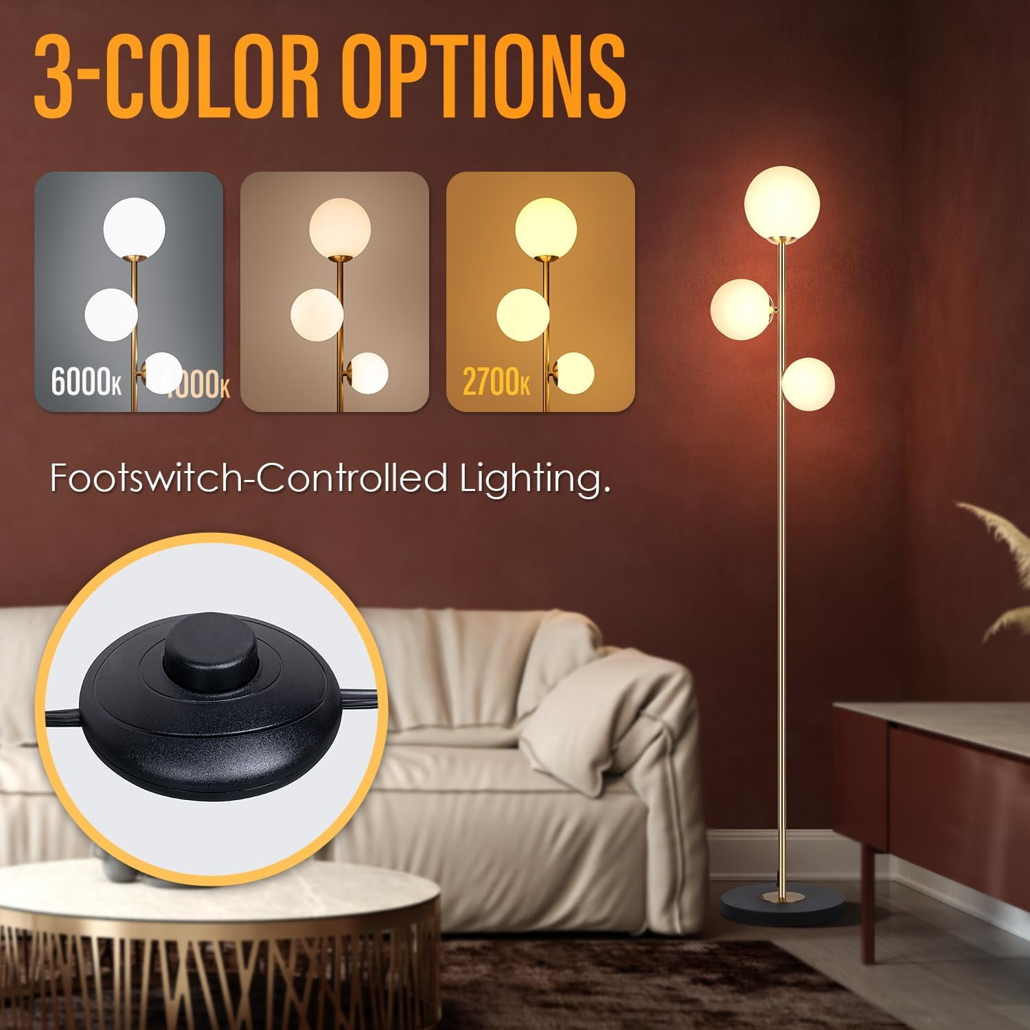 3 Globe Eclectic Floor Lamp - 3 Color Options Moderm Floor Lamps for Living Room, Mid Century Standing lamp Home Decor for Bedrooms Office(Matte Black, LED Bulbs Included)