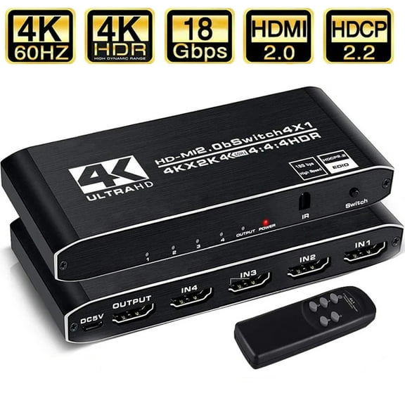 4K HDMI Switch 4x1, 4 Port HDMI Selector Switcher 4 in 1 Out with IR Remote Control Support 4K@60Hz, 4Kx2K, HDR, HDMI 2.0b, HDCP 2.2, 3D, 1080P