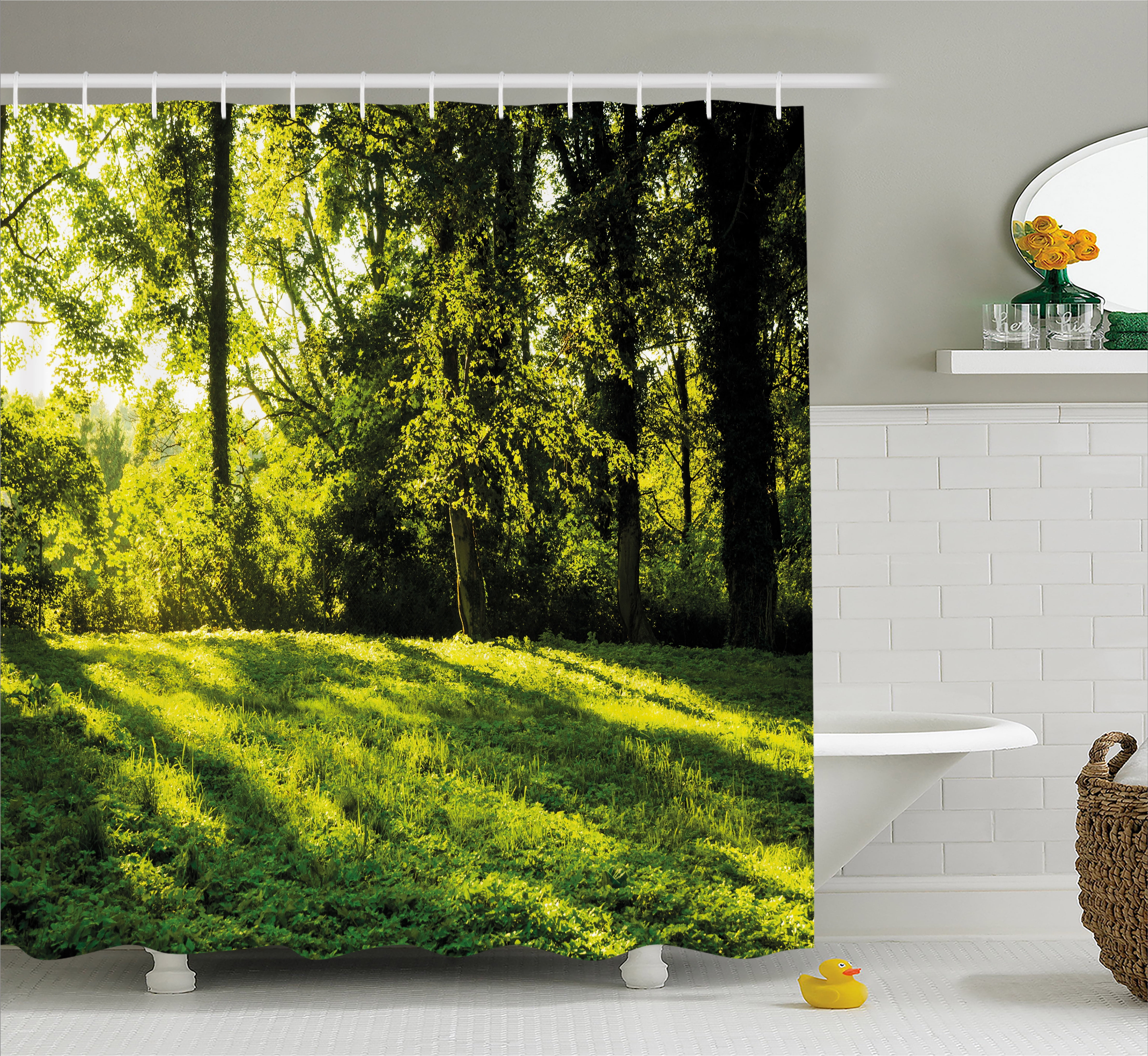 Green Shower Curtain, Forest Landscape at Sunrise Beams Trees Grass