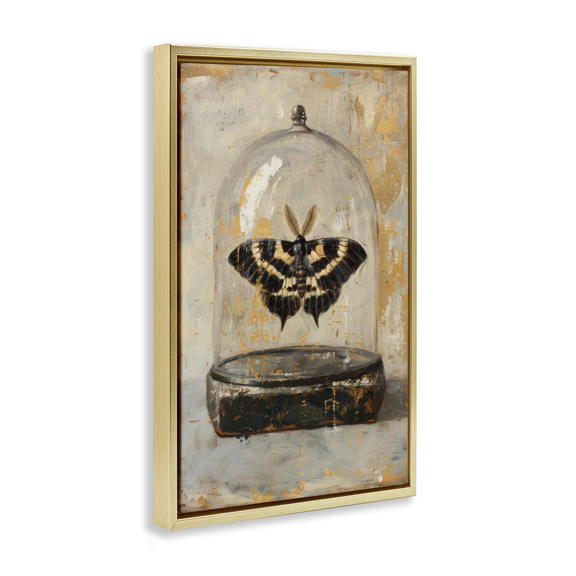 Stupell Industries Rustic Moth in Glass Animals Painting Gold Floater Framed Canvas Art Print Wall Art, 21 x 31