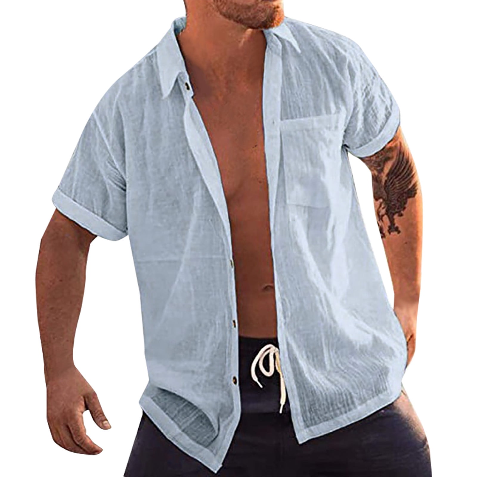 Mens Buttons Cotton Linen Shirts Tops Summer Short Sleeve Casual Loose T-Shirt