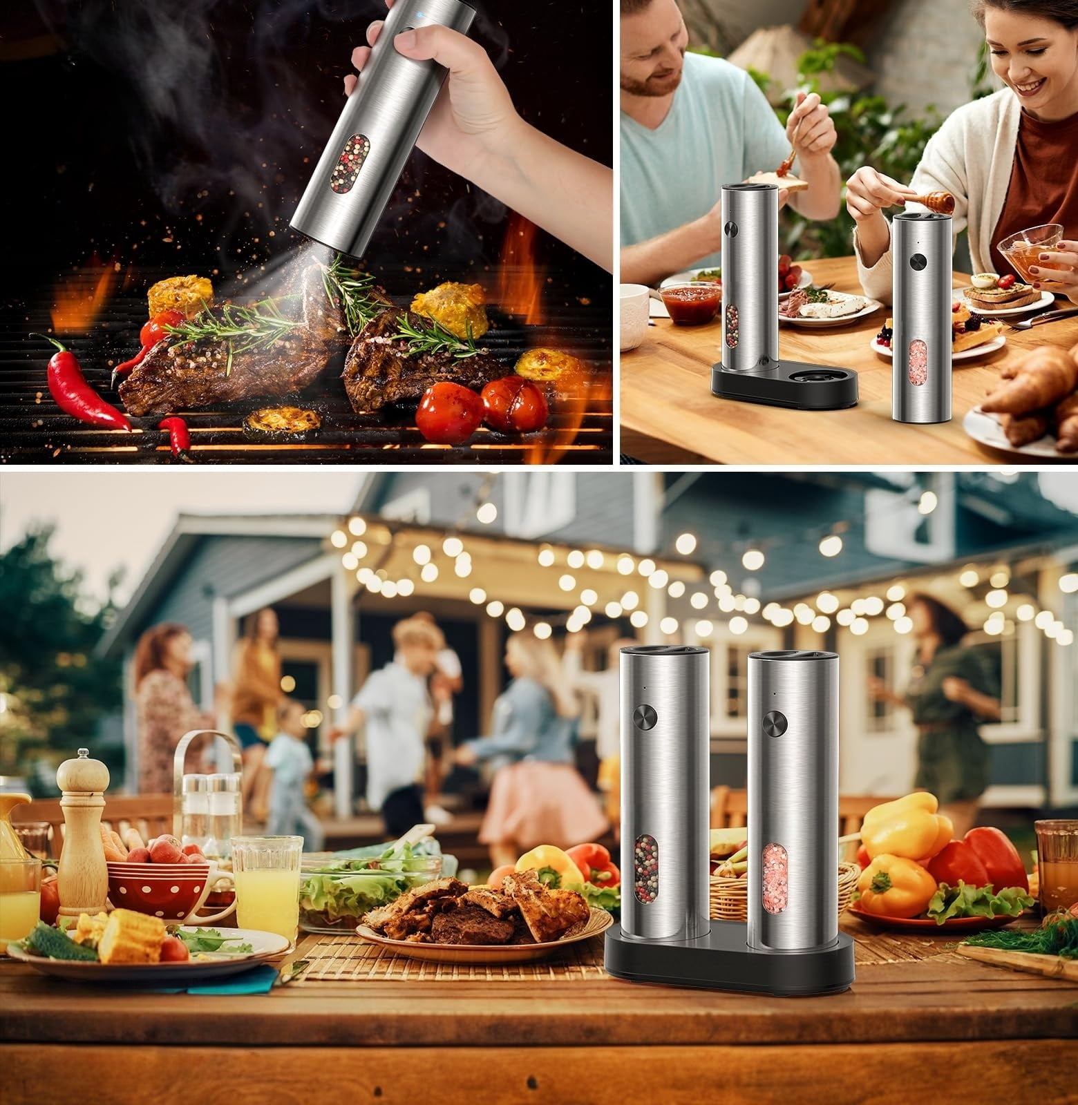 TeSabMi Electric Salt and Pepper Grinder Set, Rechargeable Stainless Steel Mills with USB-C Charging Base, LED Light, Adjustable Coarseness, 2 Pack