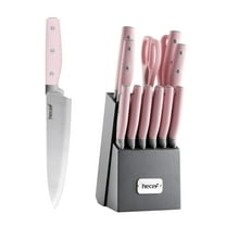 Hecef 14-Piece Pink Knife Set with Block and Sharpener, Stainless Steel Kitchen Knives for Cooking and Cutting