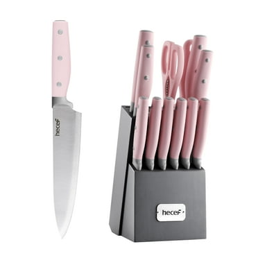 Hecef 14-Piece Pink Knife Set with Block and Sharpener, Stainless Steel Kitchen Knives for Cooking and Cutting
