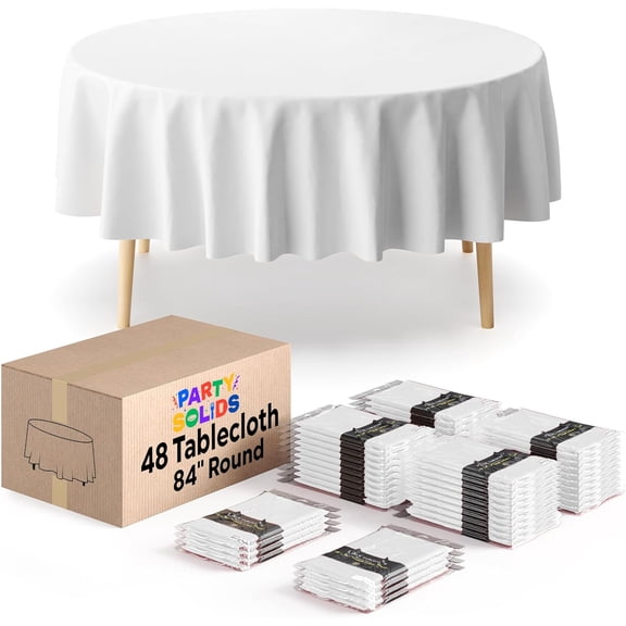 Party Solids White Round s Plastic Table Cloth Disposable 48 Pack 84" Inch Round Table Cloth Disposable White s Plastic Indoor/Outdoor Party Supplies