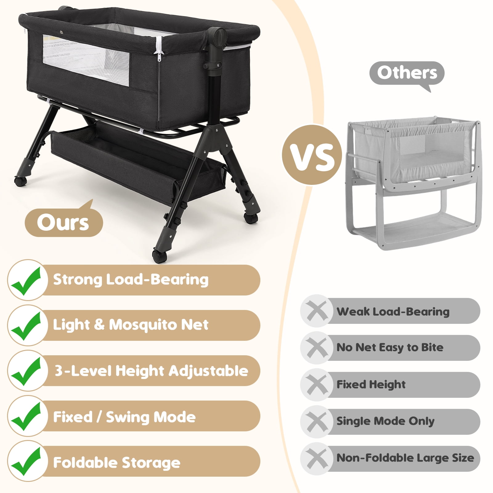 Infant Bassinet Sleeper,Single-sided Detachable 3 Adjustable-Height Bedside Beds Foldable Baby Crib,for 0-18 Months-Dark Gray
