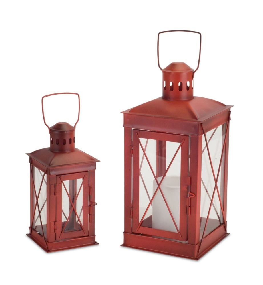 Pack of 2 Weathered Red Candle Lanterns with Carrying Handles 12"