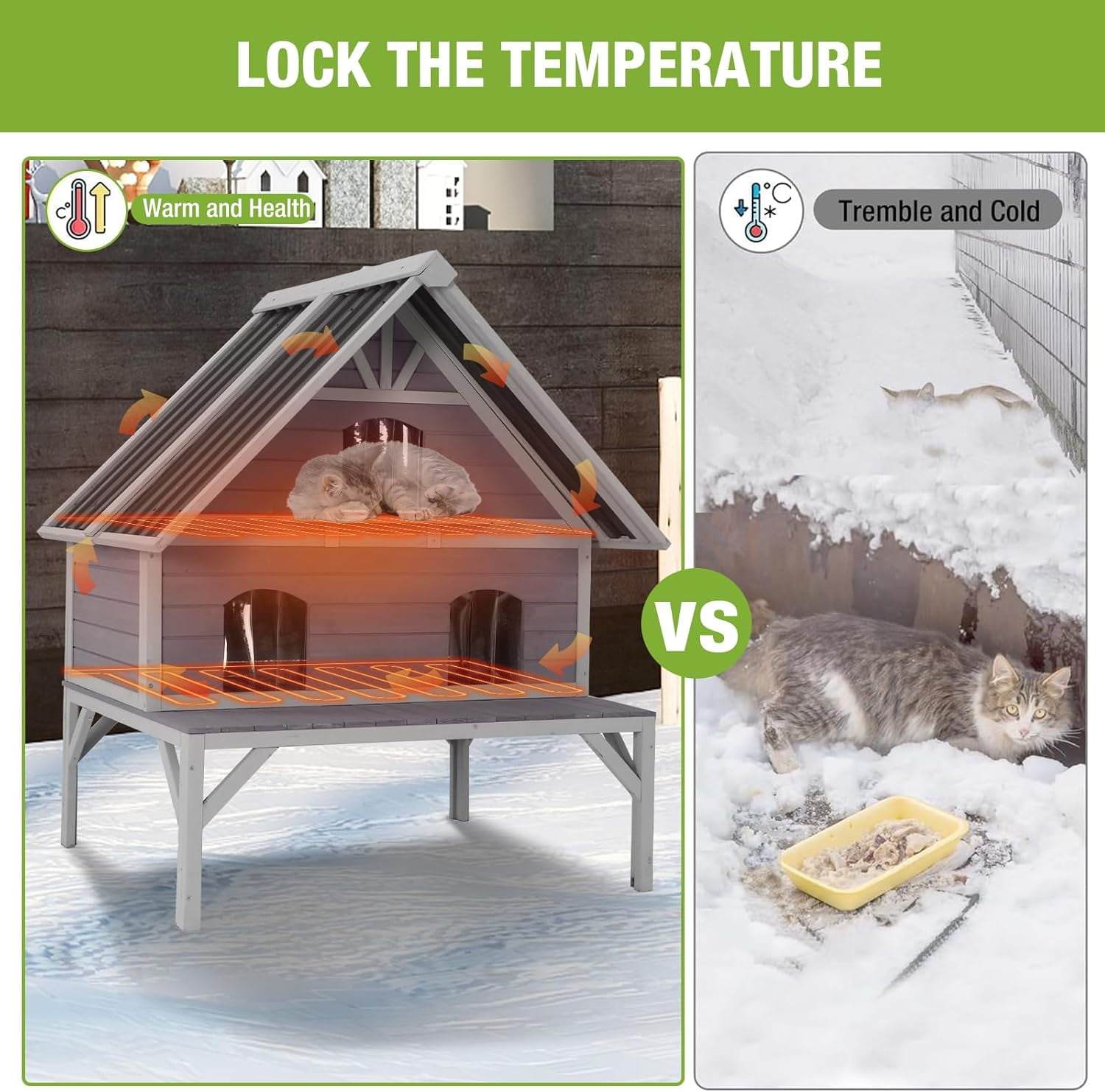 MEDEHOO Heated Cat House with Heater, Indoor/Outdoor Pet Shelter with Insulated Liner Keep Warm in Winter,Raise Legs with Large Platforms