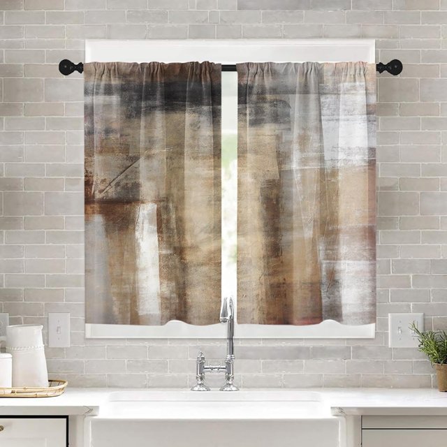 Farmhouse Kitchen Curtains Brown Abstract Window Curtains Short Tier Curtains Over Sink, Modern Art Painting Decor Rod Pocket Window Drapes Set of 2 (26x36 Inch)