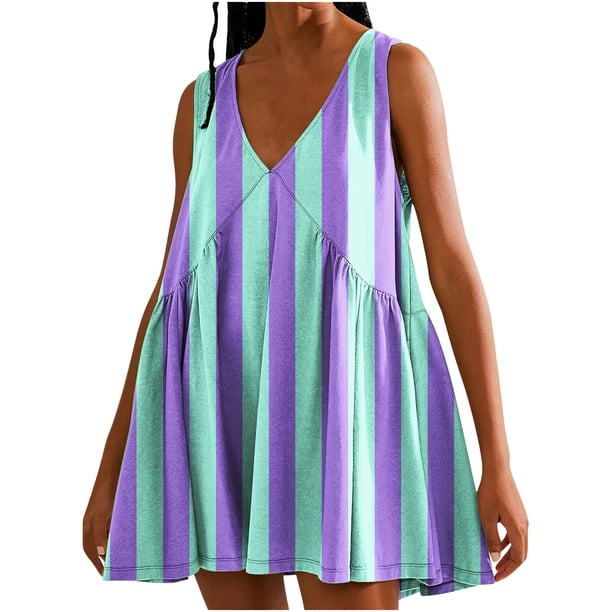 Vestido de Verano Casual, Vestido de Cuello en V sin Mangas Impreso Suelto Hecho de Poliéster Cómodo para el Uso Diario de Verano de Primavera, Vestido de Verano de Mujer